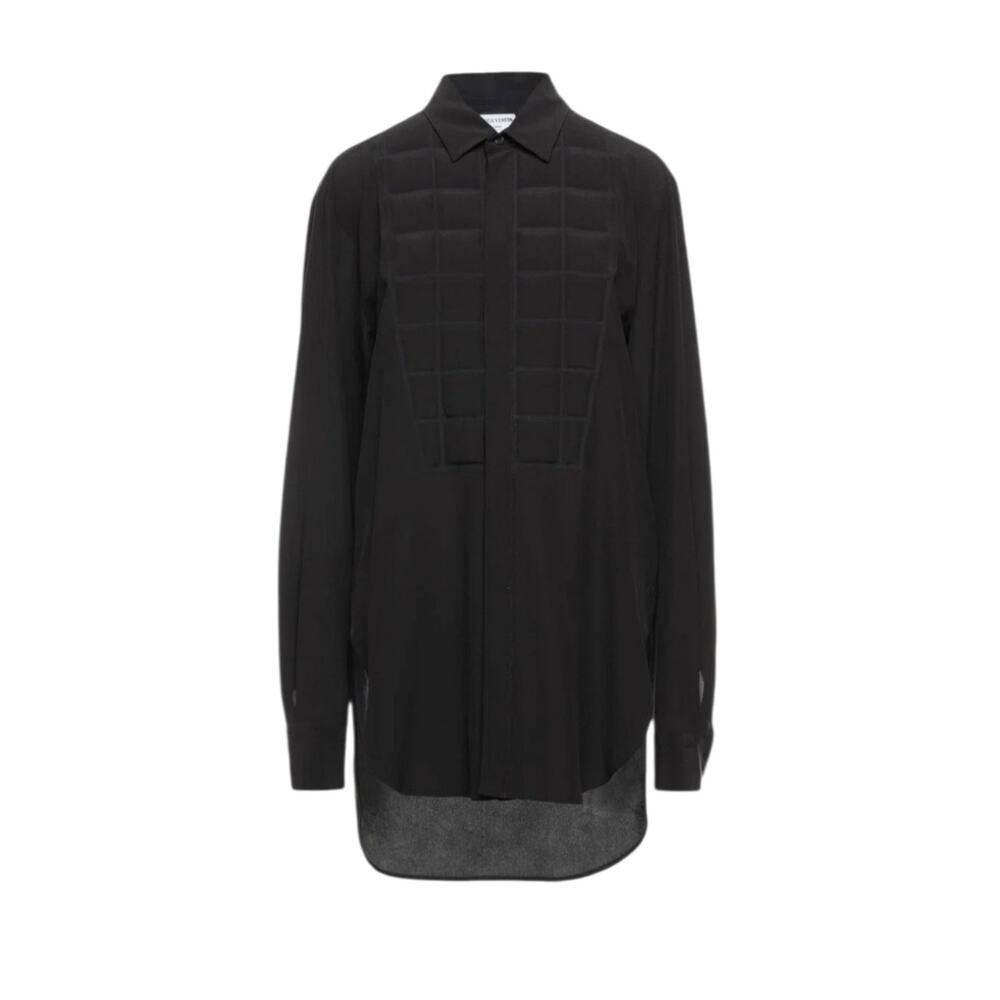 Bottega Veneta Black Silk Padded Checkered Minimalist Long Asymmetric Shirt